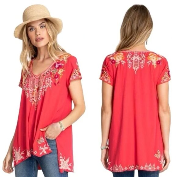 Johnny Was Tops - Johnny Was Izora Knit Drape Embroidered Top Hawaiian Fruit XS